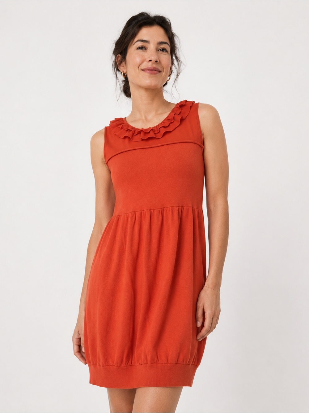 Knit Bubble Hem Mini Dress with Sheer Chiffon Ruffled Neckline